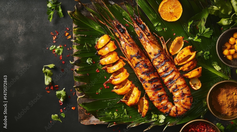 Poster a perfectly grilled prawn with charred orange shells resting on a banana leaf plate, surrounded by t