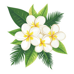 Obraz premium Elegant floral composition of plumeria blossoms amidst vibrant green foliage on black background