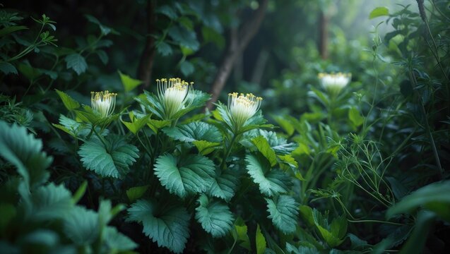 Dokudami, the folk medicine herb, blooms amidst the shade of a garden.