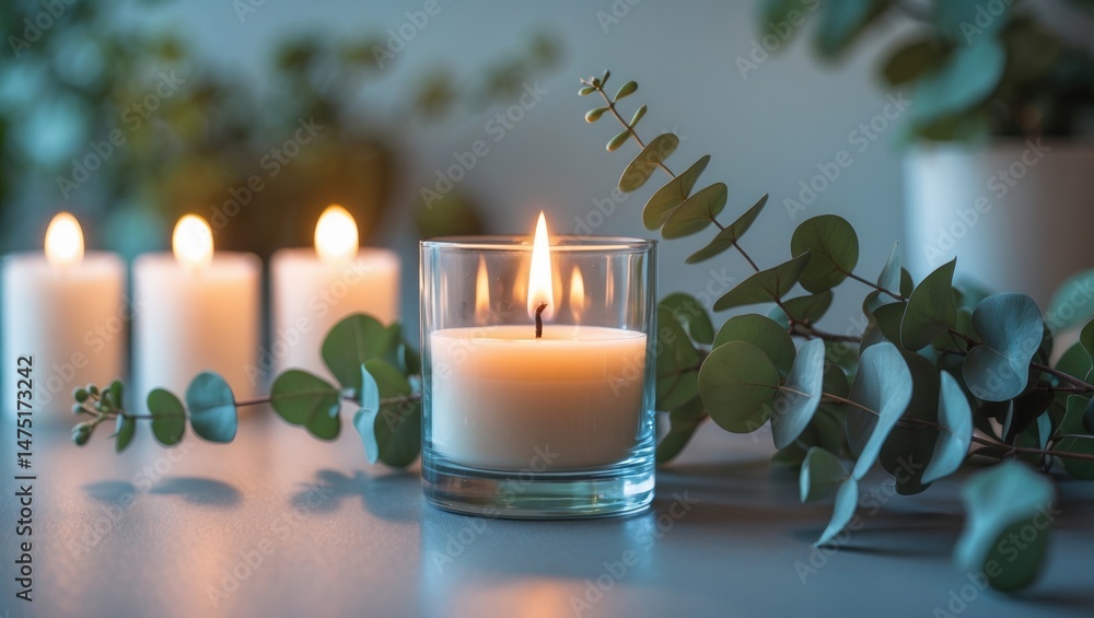 Aufkleber relaxing scene with burning candle and eucalyptus branch on table in home environment
