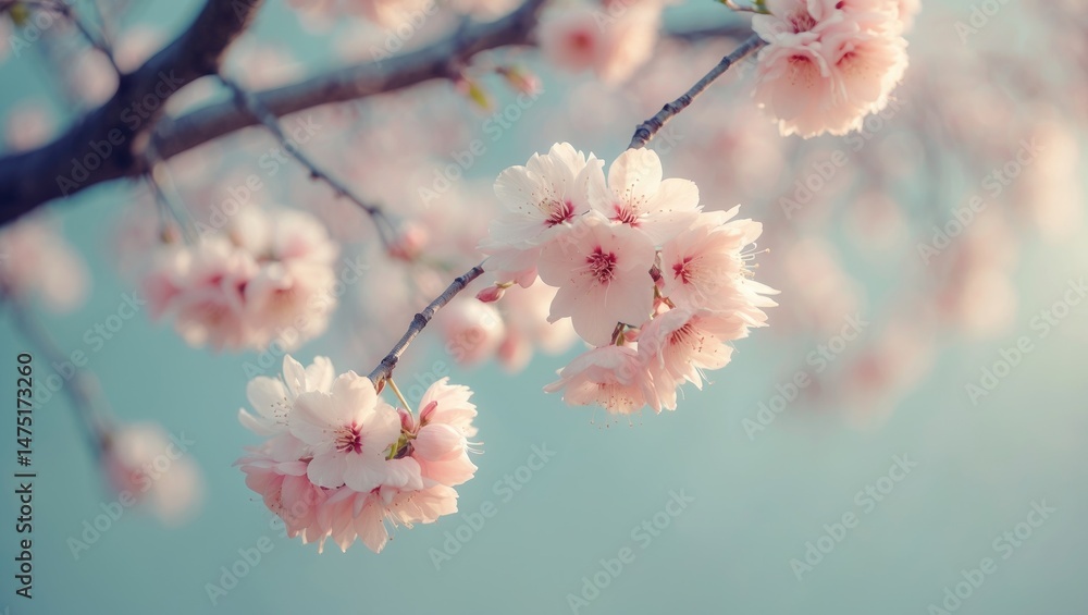 Poster welcome, spring. dreamy abstract spring scene with a blurred white cherry blossom tree in the backgr