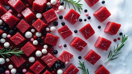 Falling cubes of beef with rosemary set on a white background
