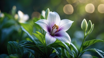 Fototapeta premium Decorative Dimorphotheca eclonis with white and purple blossoms on a vibrant green backdrop, perfect for wallpaper