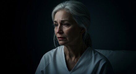 Naklejka premium Older woman in white clothes with sad expression