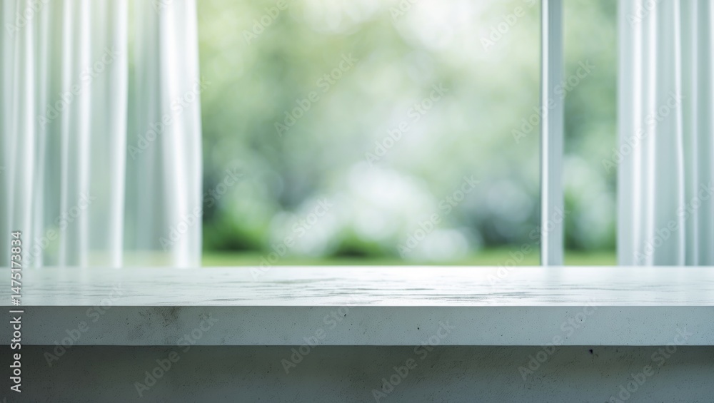 Poster blurred garden view through living room window featuring a concrete table and counter background for