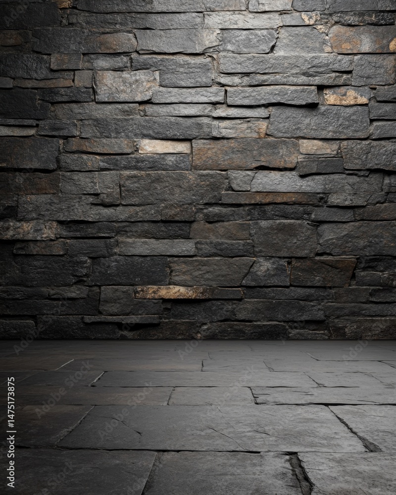Aufkleber dark stone wall and floor backdrop in studio setting with textured surface for product placement or 
