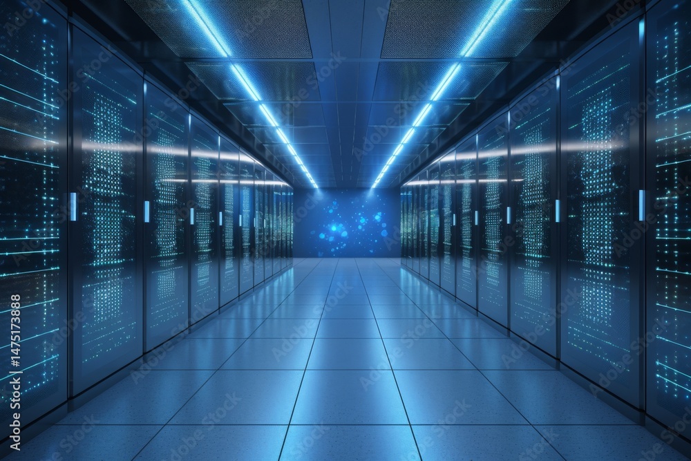 Leinwandbilder data center server room: a glimpse into the heart of modern computing with blue illumination