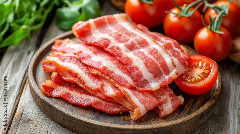 Poster A plate of bacon next to scrambled eggs and freshly sliced tomatoes, creating a hearty breakfast spread on a wooden table.