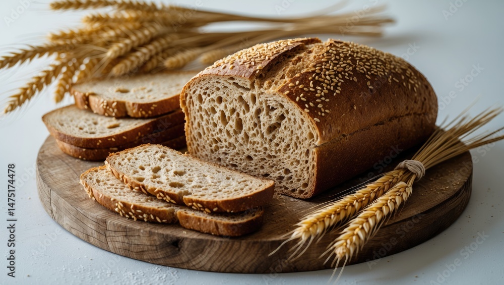 Poster integral bread with sesame, wheat ears, and sliced portions on a cutting board, isolated on backgrou
