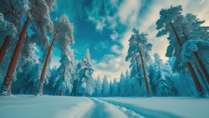 Snow-draped pine trees tower beneath a sharp blue sky, crafting a serene natural setting.