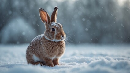 Obraz premium A cozy rabbit lounges on a bed of fresh snow, its fur lightly frosted, embodying winterâ€™s peaceful and serene atmosphere.