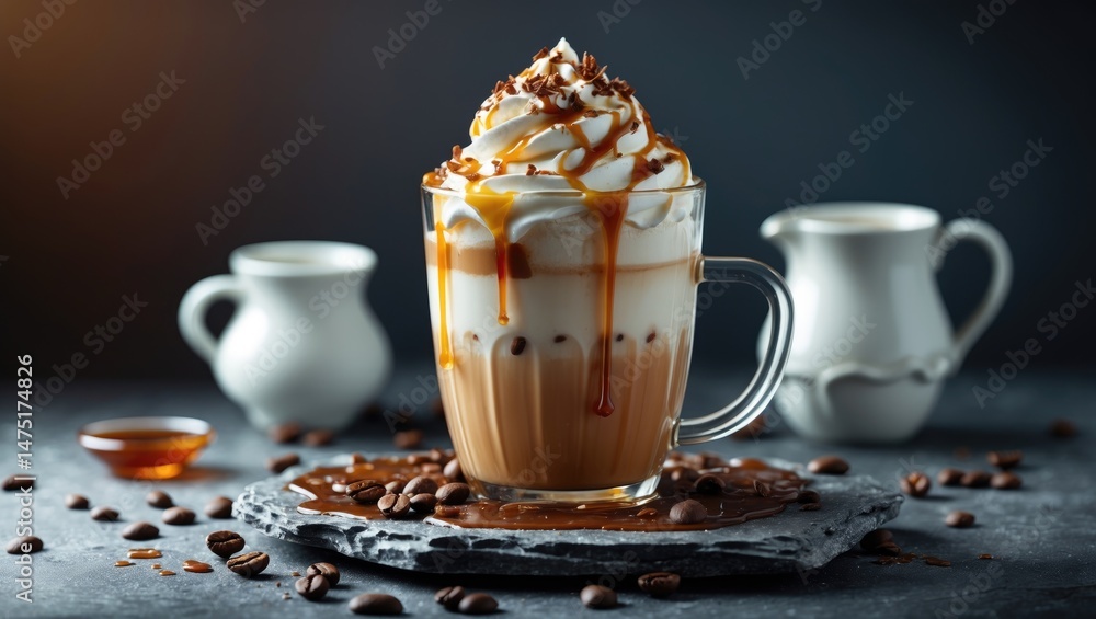 Poster refreshing caramel iced latte with whipped cream and syrup served in a glass on a summer backdrop.