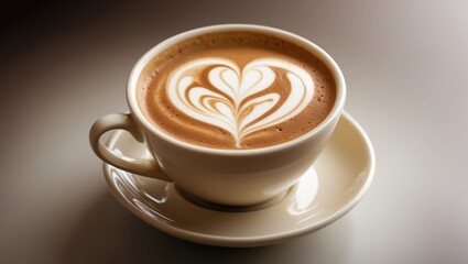 Cozy ceramic mug containing a creamy latte with beautifully crafted foam art