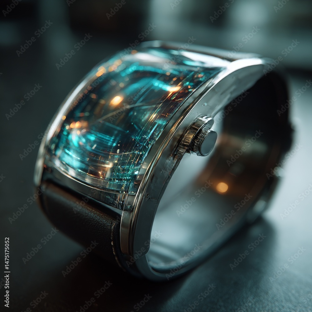Poster Futuristic Digital Watch with Glowing Interface Displaying Complex Data Networks, Close-Up Professional Studio Shot