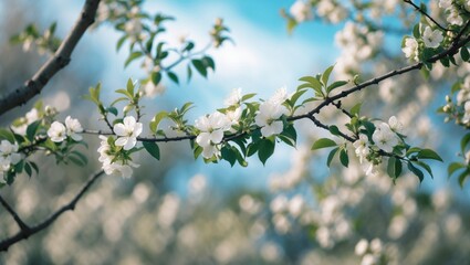 Obraz premium Macro perspective of blooming apple tree with white blossoms and vibrant green leaves, lovely flower garden scene, nature, floral border, empty space