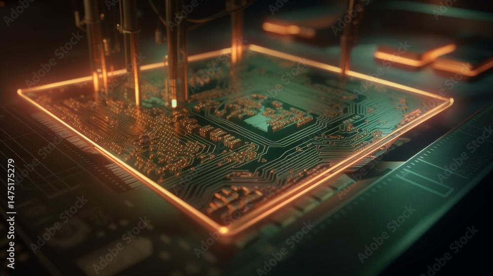Poster Futuristic Processor Examination: A Close-Up View of Advanced Circuitry Being Tested with Probe-Like Instruments