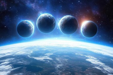 Four Planets Aligning Above Earth in a Stunning Cosmic Display Space Art Illustration Science Fiction Concept