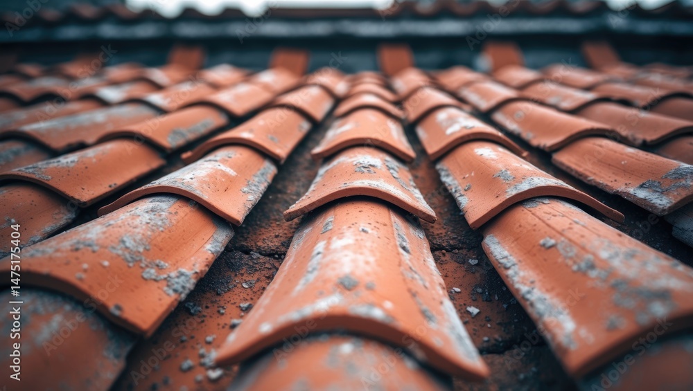 Poster perspective shot of handcrafted terracotta tiles on a residential rooftop emphasizing craftsmanship 