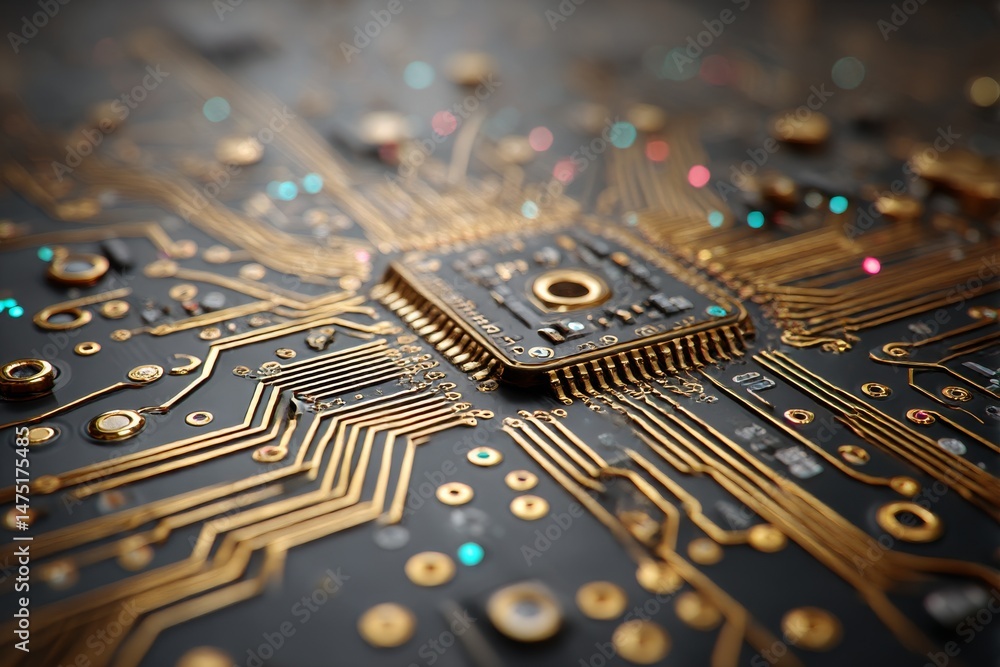 Aufkleber golden circuits: a detailed look at a modern microchip with shimmering gold traces