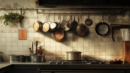 A professional kitchen scene with various pots and pans hanging from a rack, ready for use, emphasizing the organized and efficient layout of a culinary workspace.