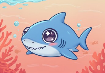 Cute cartoon baby shark underwater