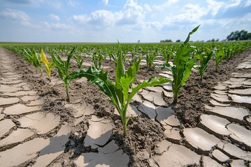 Young corn plants in dry cracked soil under a blue sky in agricultural field