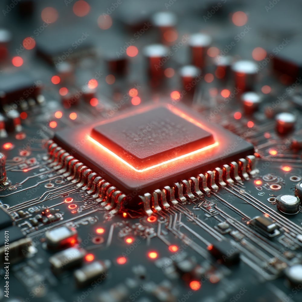 Leinwandbilder Illuminated Microchip: A Close-Up View of a High-Tech Circuit Board with Red Glowing Details Showcasing Advanced Technology
