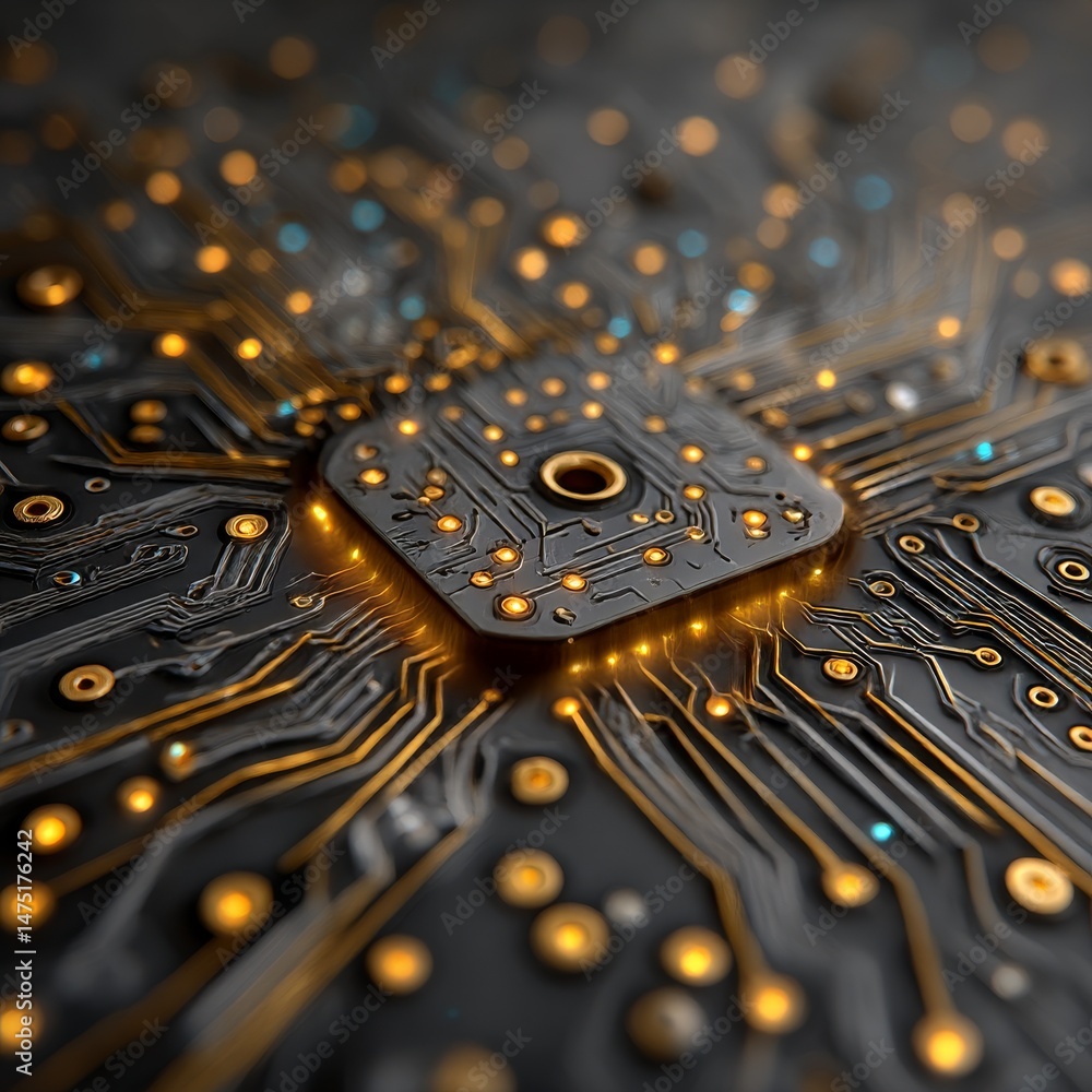Poster intricate electronic circuitry: a close-up view of a microchip interconnected with illuminated pathw