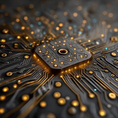 Intricate Electronic Circuitry: A Close-Up View of a Microchip Interconnected with Illuminated Pathways and Components
