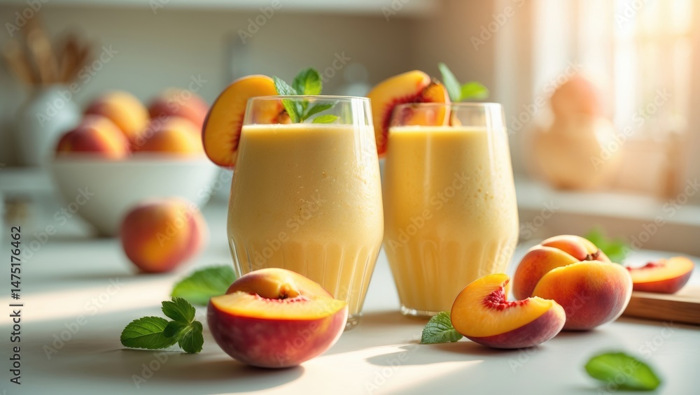 Aufkleber indulge in two glasses of velvety peach and coconut smoothie, each embellished with a slice of peach