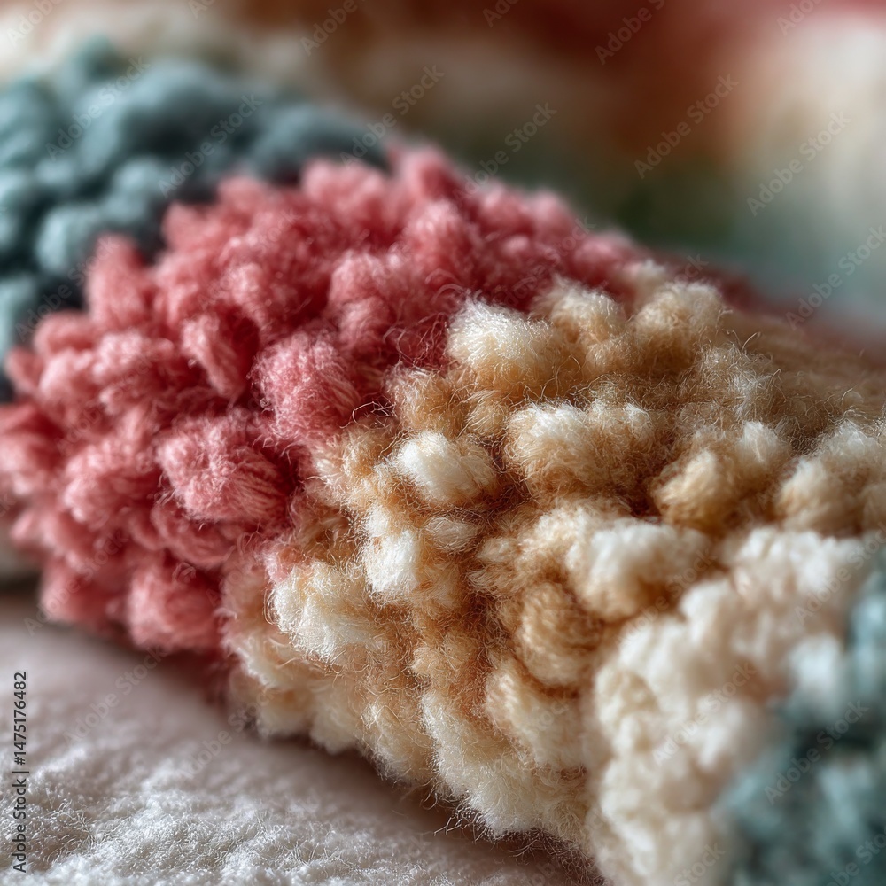 Poster macro shot of a colorful, chunky knit blanket with interesting texture and a soft, muted color palet
