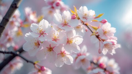 Fototapeta premium Macro shot capturing the gentle pink petals of blooming sakura trees in Kyoto.