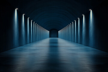 Futuristic abstract corridor with glowing lines receding into darkness 