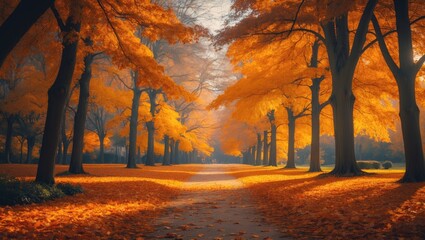 Fototapeta premium Colorful Autumn Nature View with Pathway and Falling Leaves in a Tranquil Park