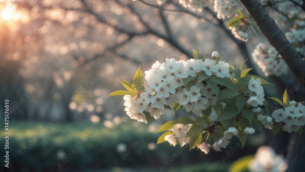 Poster springtime background featuring blooming almond trees. selective focus applied.