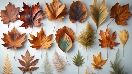 Fototapeta premium Collection of dead and dry leaves from autumn displayed on a background