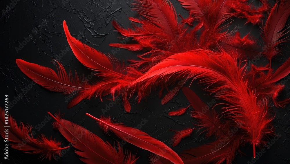 Poster artistic depiction of red feathers on a dark background complemented by soft white feather textures 