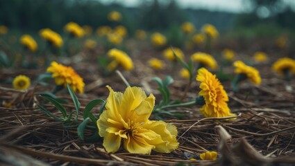 Supannika plants. Yellow silk blooms lying on the surface. Marigold flowers thriving in the garden.