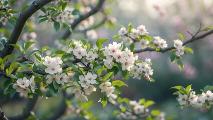 Obraz premium Macro photograph of a natural spring bloom scene with white apple blossoms on branches in a garden