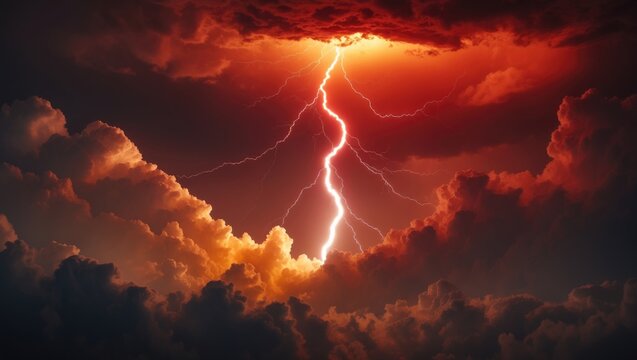 Mystical hellscape with intense lightning in a dark, red, apocalyptic sky and threatening silhouettes