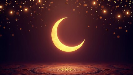 Fototapeta premium Eid Mubarak background with golden crescent moon, soft glowing lights, elegant Islamic pattern, deep purple and gold color theme. Generative Ai.