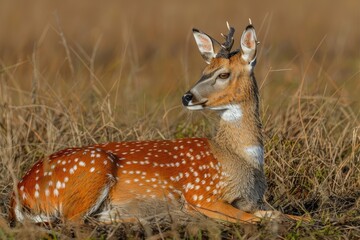 A young deer with small antlers rests in tall grass