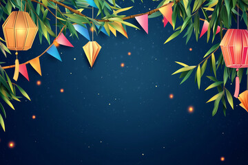 七夕の背景と竹の葉と提灯 / Tanabata bamboo lantern background