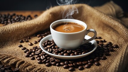 Black coffee served in a white cup with scattered coffee seeds on burlap background