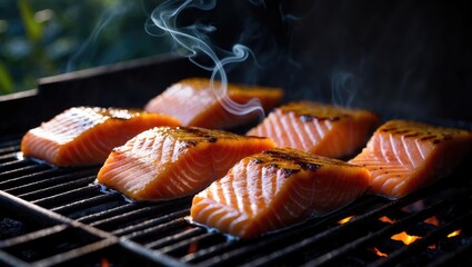 Colorful abstract of salmon and beef on a chargrill with flames and heat effects