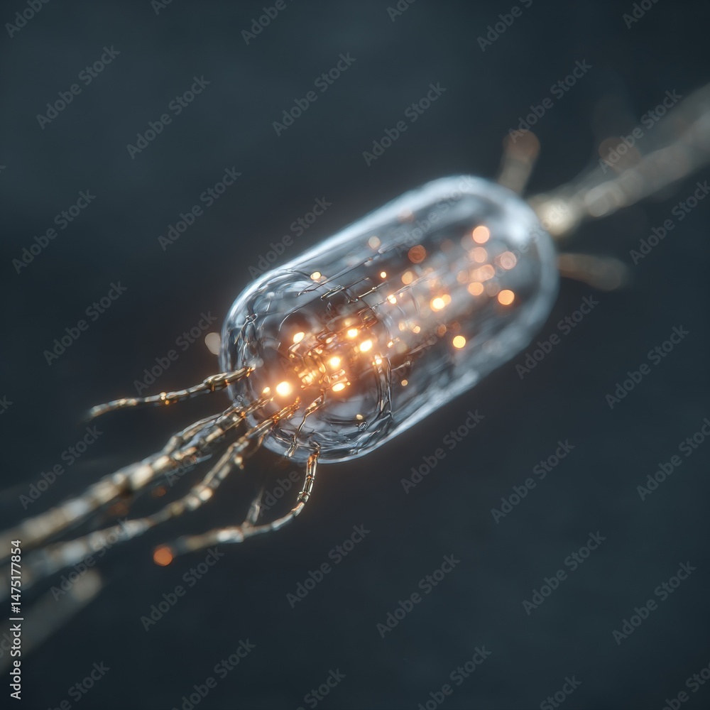 Poster Sophisticated Nanotechnology: Close-Up of a Microscopic Device with Golden Accents Glowing Inside a Transparent Shell