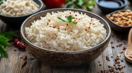 A rustic setting featuring a bowl of hot rice, accompanied by assorted side dishes and a drizzle of soy sauce, all arranged on a wooden surface for a homely feel.