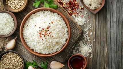 A rustic setting featuring a bowl of hot rice, accompanied by assorted side dishes and a drizzle of soy sauce, all arranged on a wooden surface for a homely feel.
