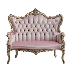 Ornate Loveseat Sofa In Pink Velvet Upholstery With Carved Wooden Frame Isolated