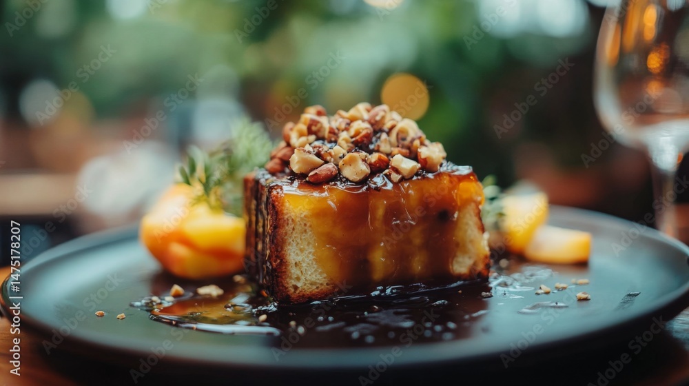 Poster A rustic setting featuring a slice of honey toast topped with caramel sauce and chopped nuts, with a side of fresh fruit for a well-rounded dessert.